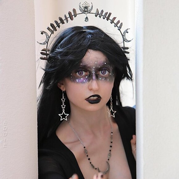 Goth Goddess Halo Crown Black Moon Star Headband Cosplay Festival Wedding main image 5